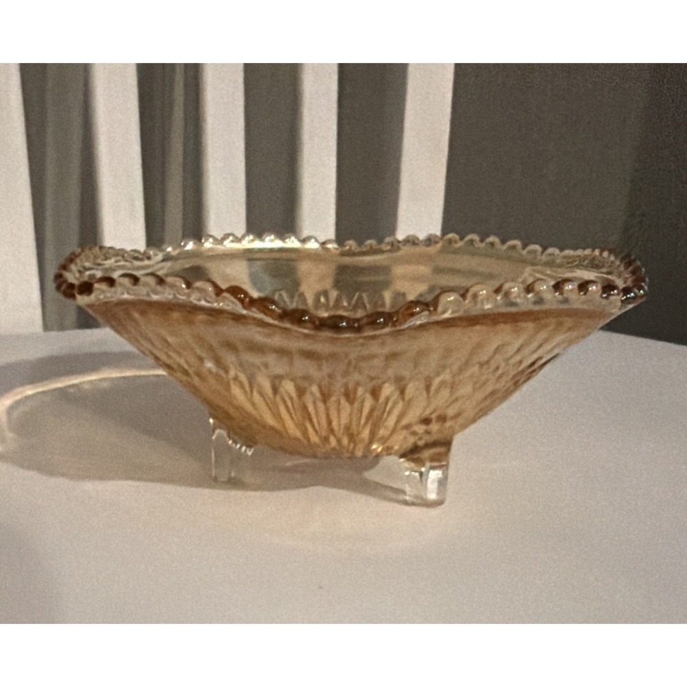 Vtg Marigold Amber Depression Carnival Glass Candy Trinket Dish‎ Bowl 3-Footed